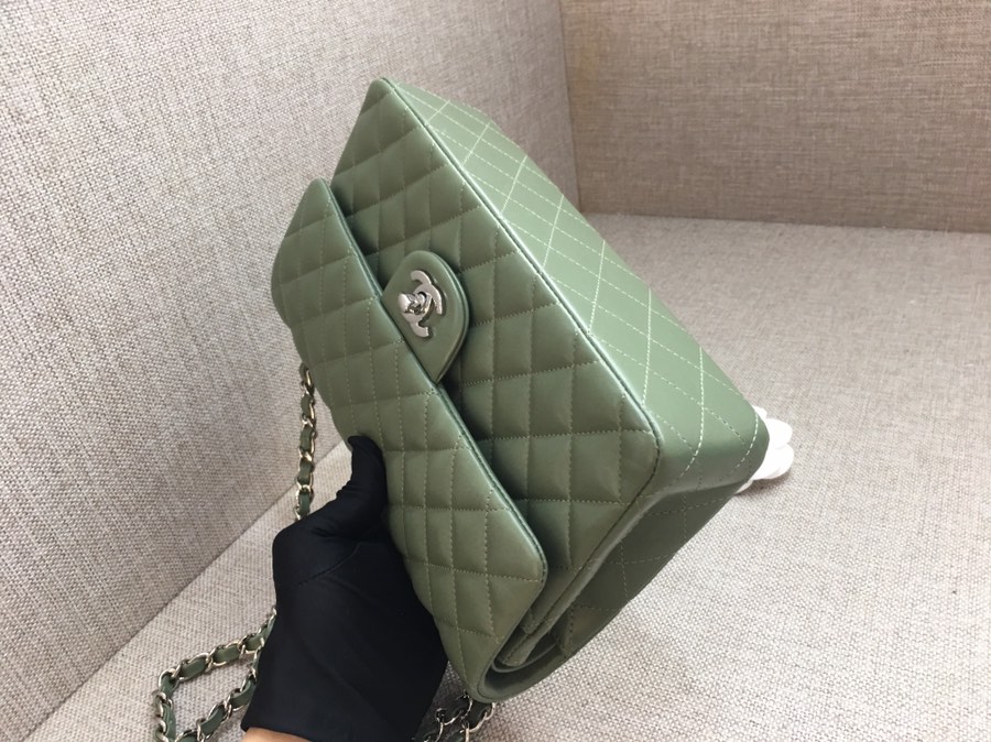 Medium Classic Flap Lambskin Bag AO1112 Dark Green/Silver